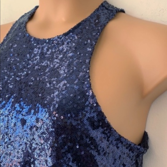FREE PEOPLE Sleeveless Blue Liquid Shine Sequin Mini Dress S - Picture 5 of 13